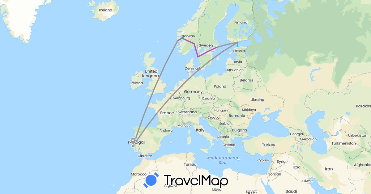 TravelMap itinerary: driving, bus, plane, train, boat in Estonia, Finland, Norway, Portugal, Sweden (Europe)
